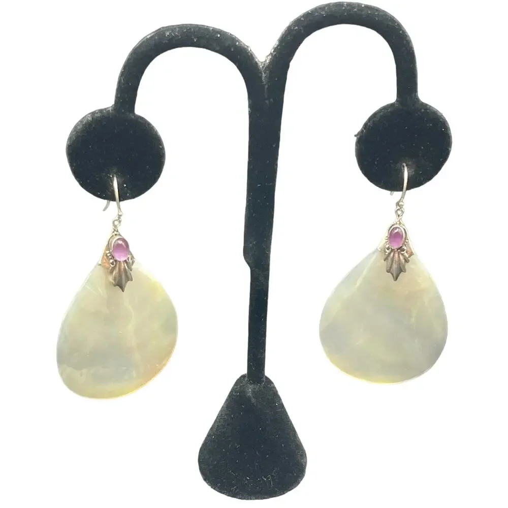 Mother of Pearl Purple Jade Gemstone Earrings MOP 925 French Wire Hook 2.4